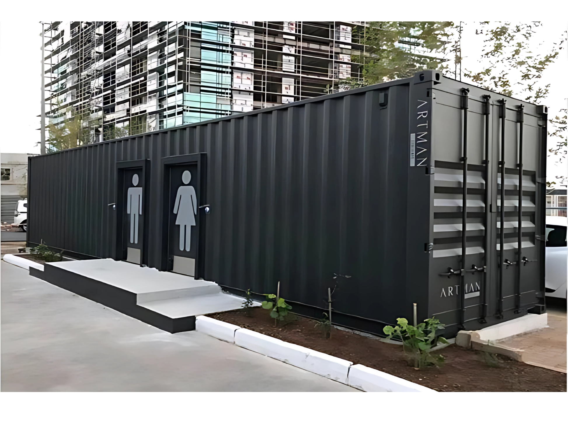 Container modular bathroom facility made from shipping containers with 'Artisan' branding.