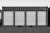 Row of storage containers with closed doors on a plain background