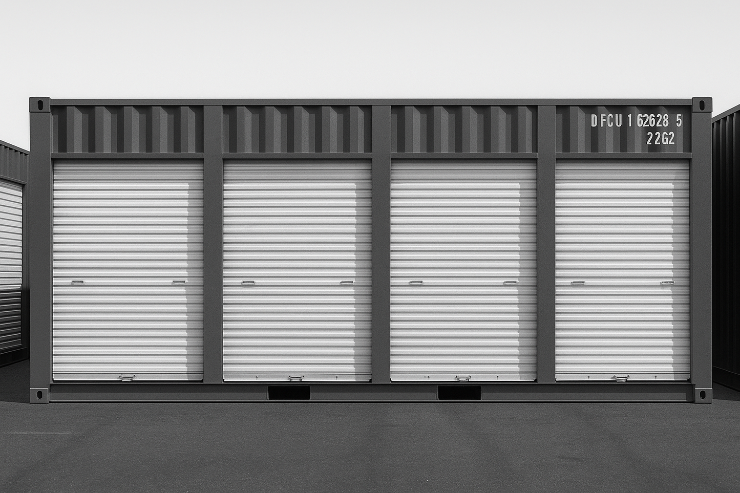 Row of storage containers with closed doors on a plain background