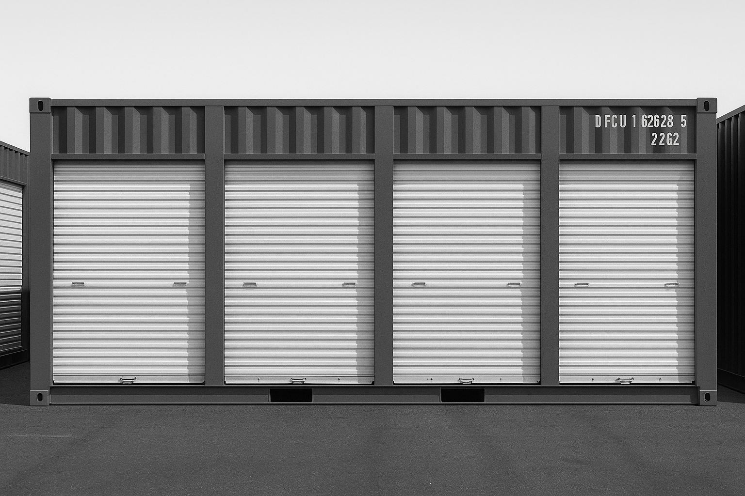 Row of storage containers with closed doors on a plain background