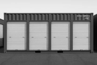 Row of storage containers with closed doors on a plain background
