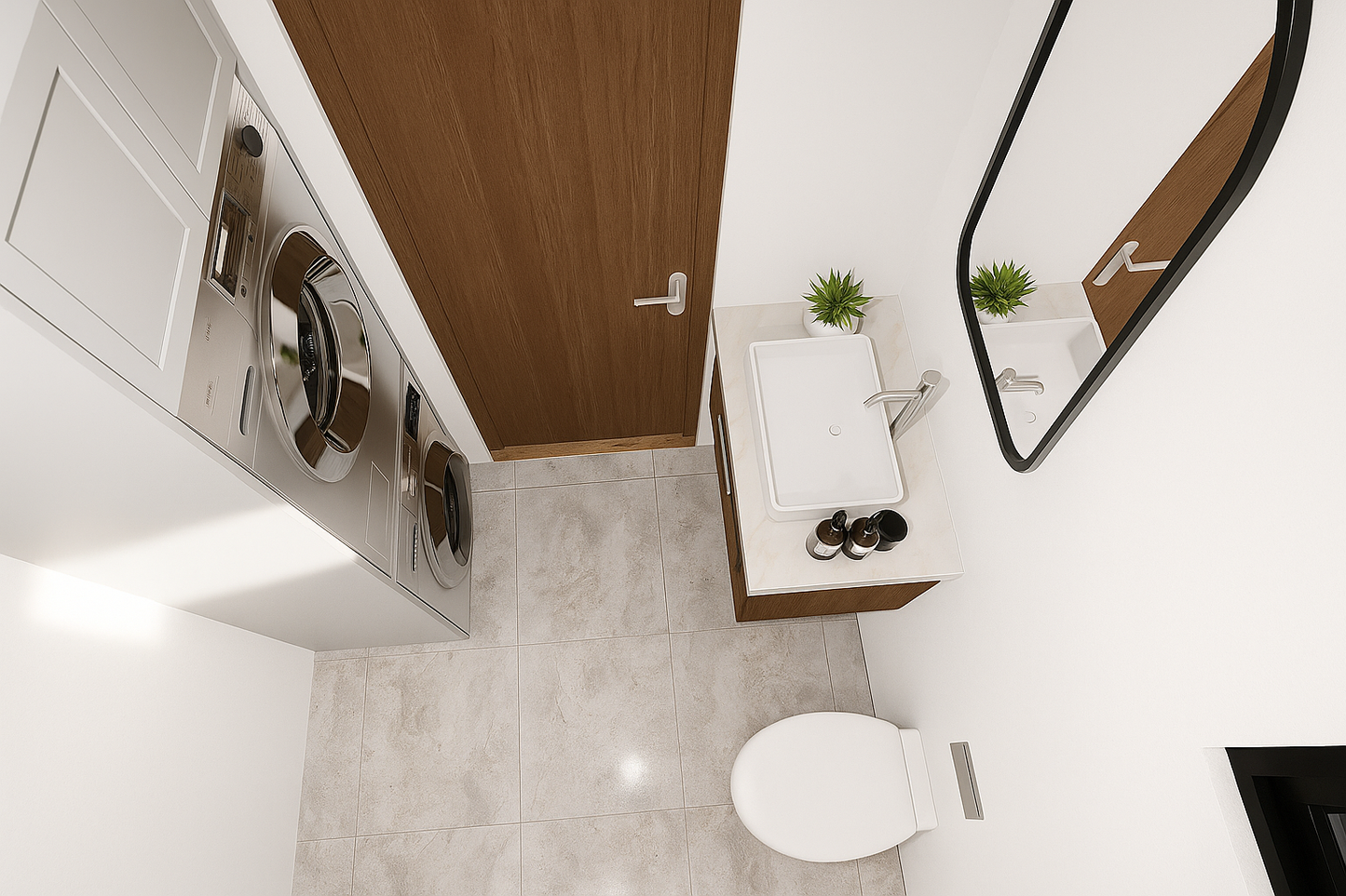 Top-down view of a modern bathroom with white tiles, wooden cabinets, and a sink.