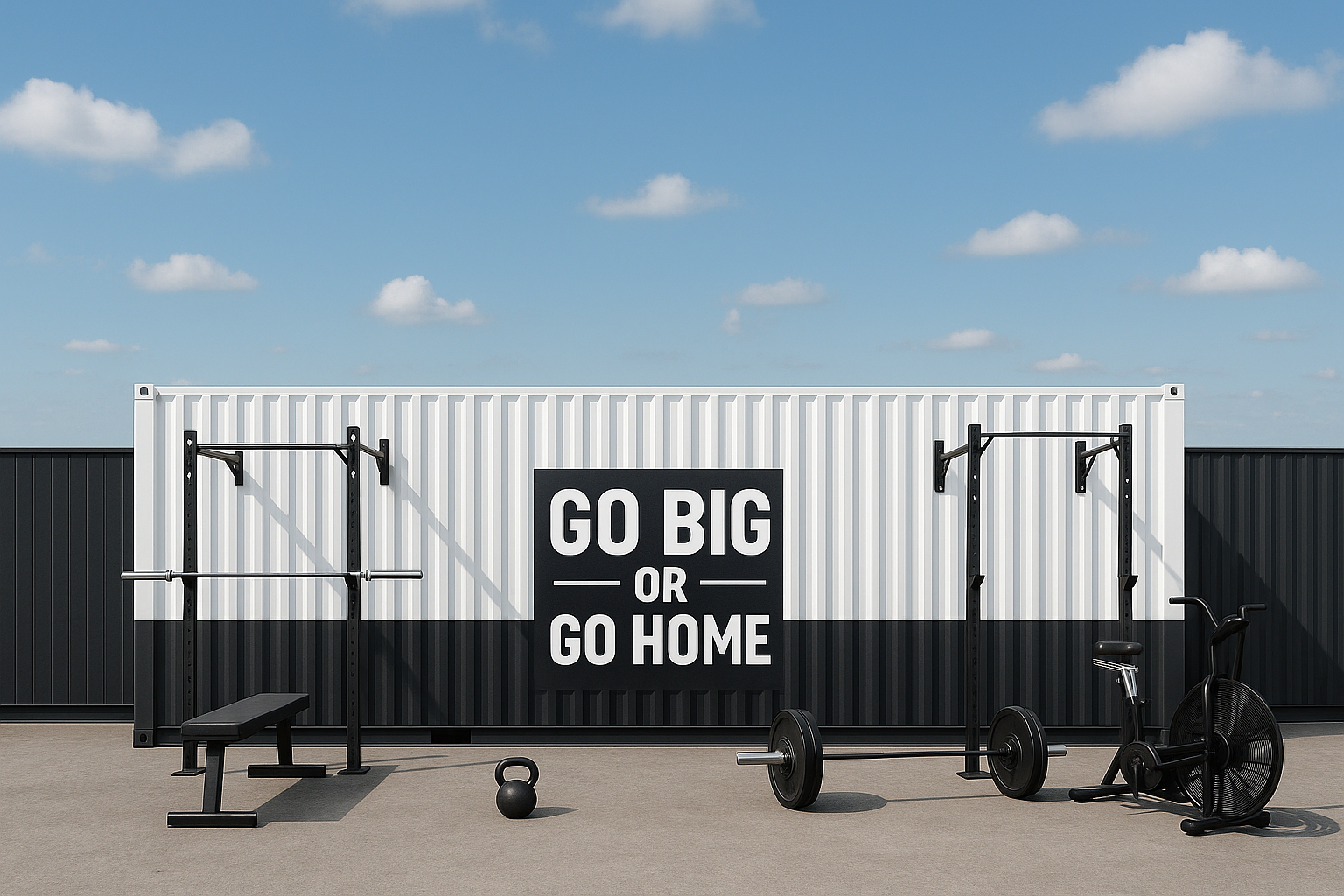 Container with 'GO BIG OR GO HOME' slogan, fitness equipment, and kettlebell on a clear day.