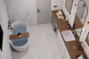 Modern bathroom with freestanding bathtub, wooden vanity, and washing machine.