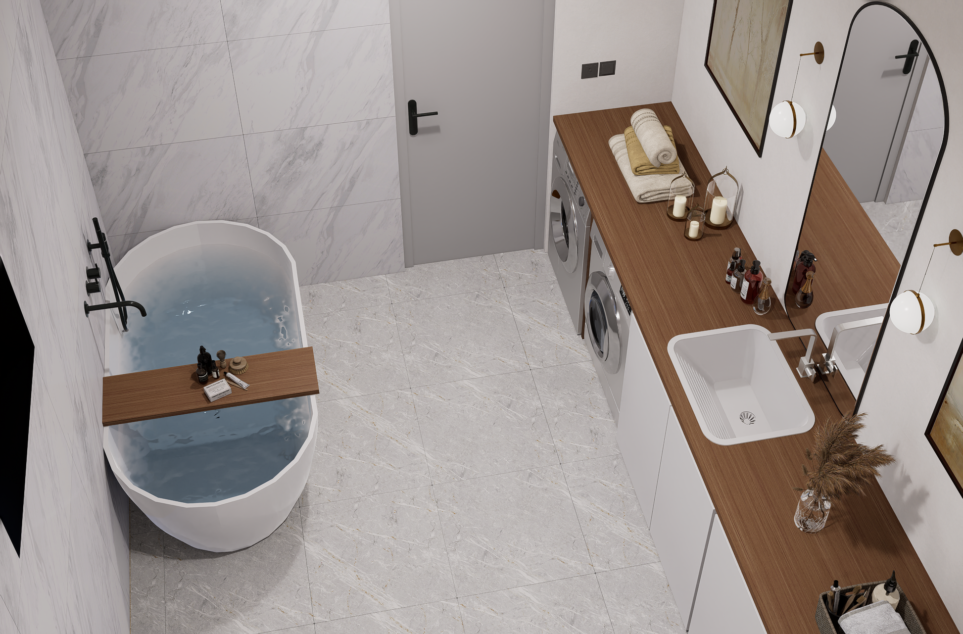 Modern bathroom with freestanding bathtub, wooden vanity, and washing machine.