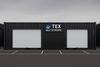 Black storage containers with 'TEX Self Storage' branding on a gray background