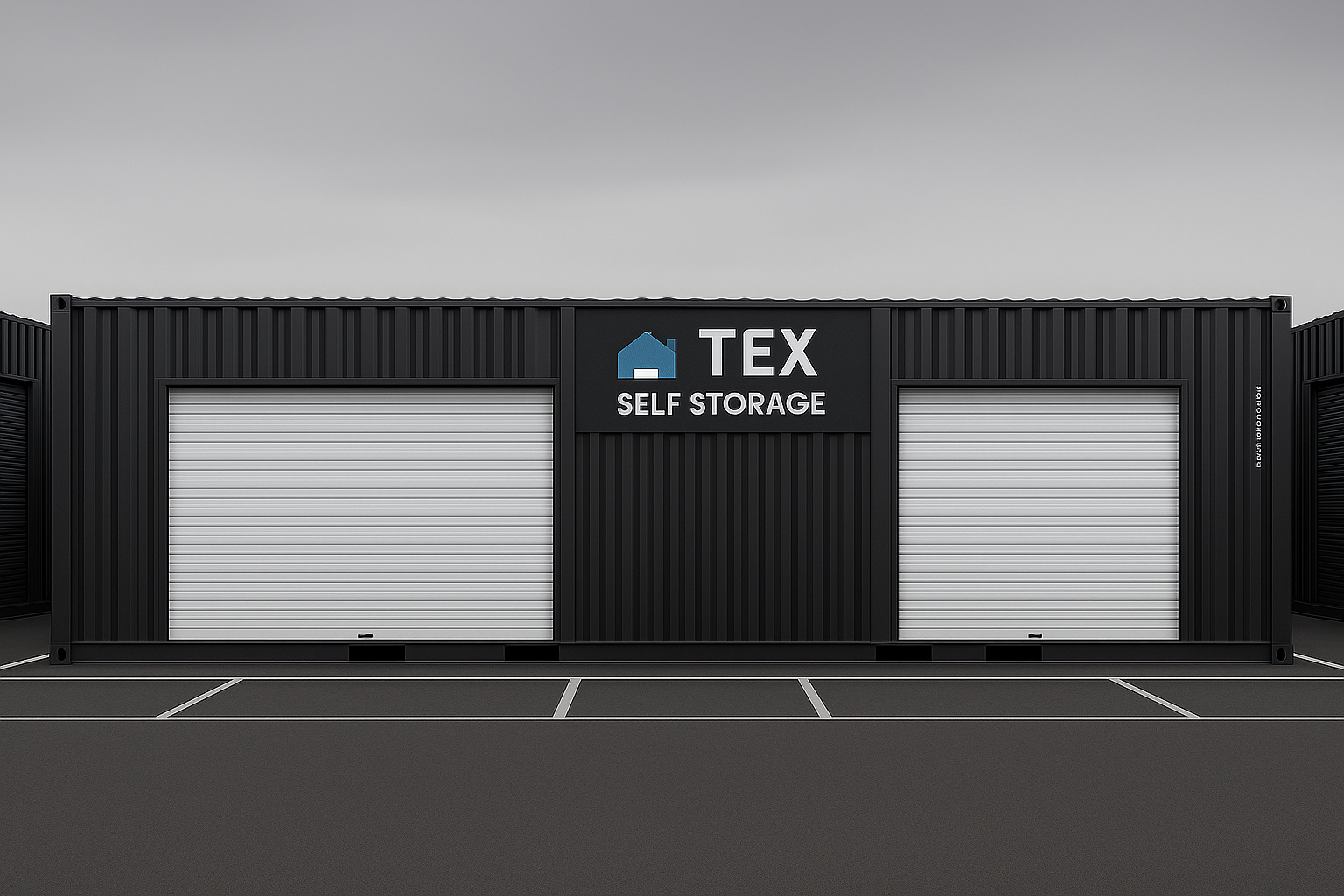 Black storage containers with 'TEX Self Storage' branding on a gray background