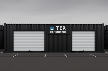 Black storage containers with 'TEX Self Storage' branding on a gray background