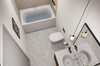 Modern bathroom with bathtub, toilet, and sink.