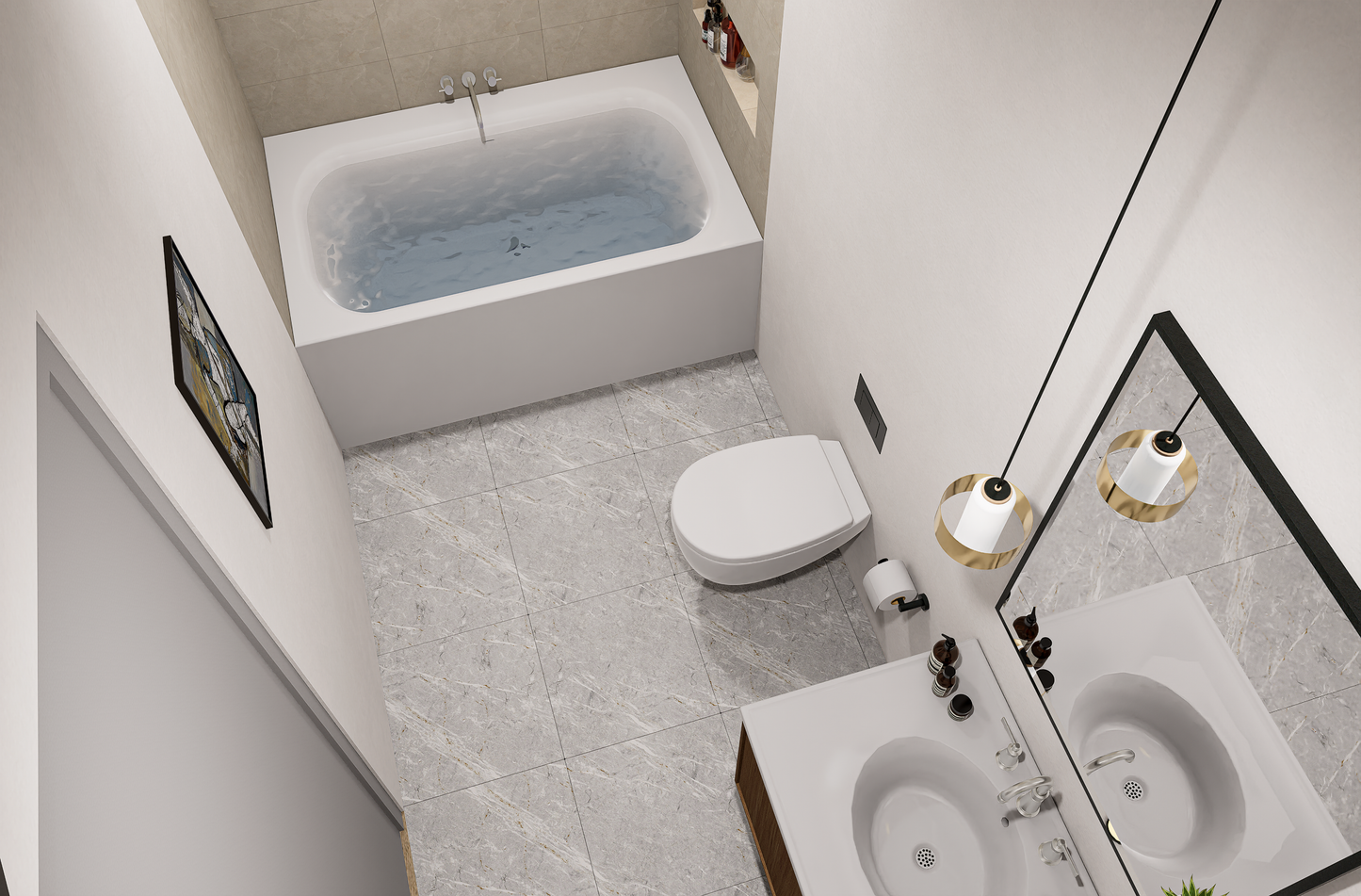 Modern bathroom with bathtub, toilet, and sink.