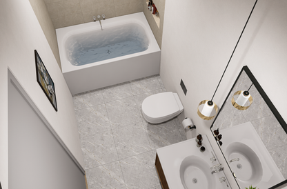 Modern bathroom with bathtub, toilet, and sink.