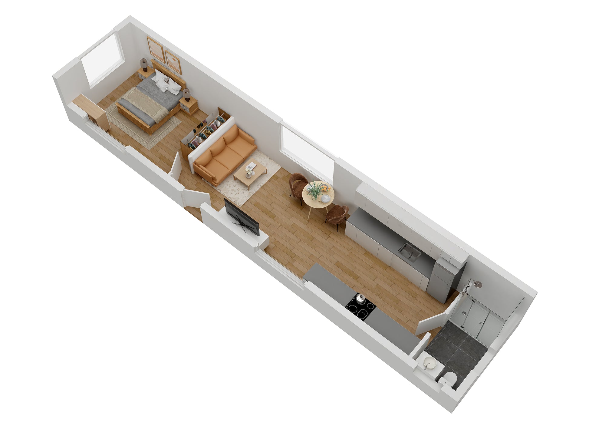 3D floor plan of a 1 bedroom modern apartment layout with furniture