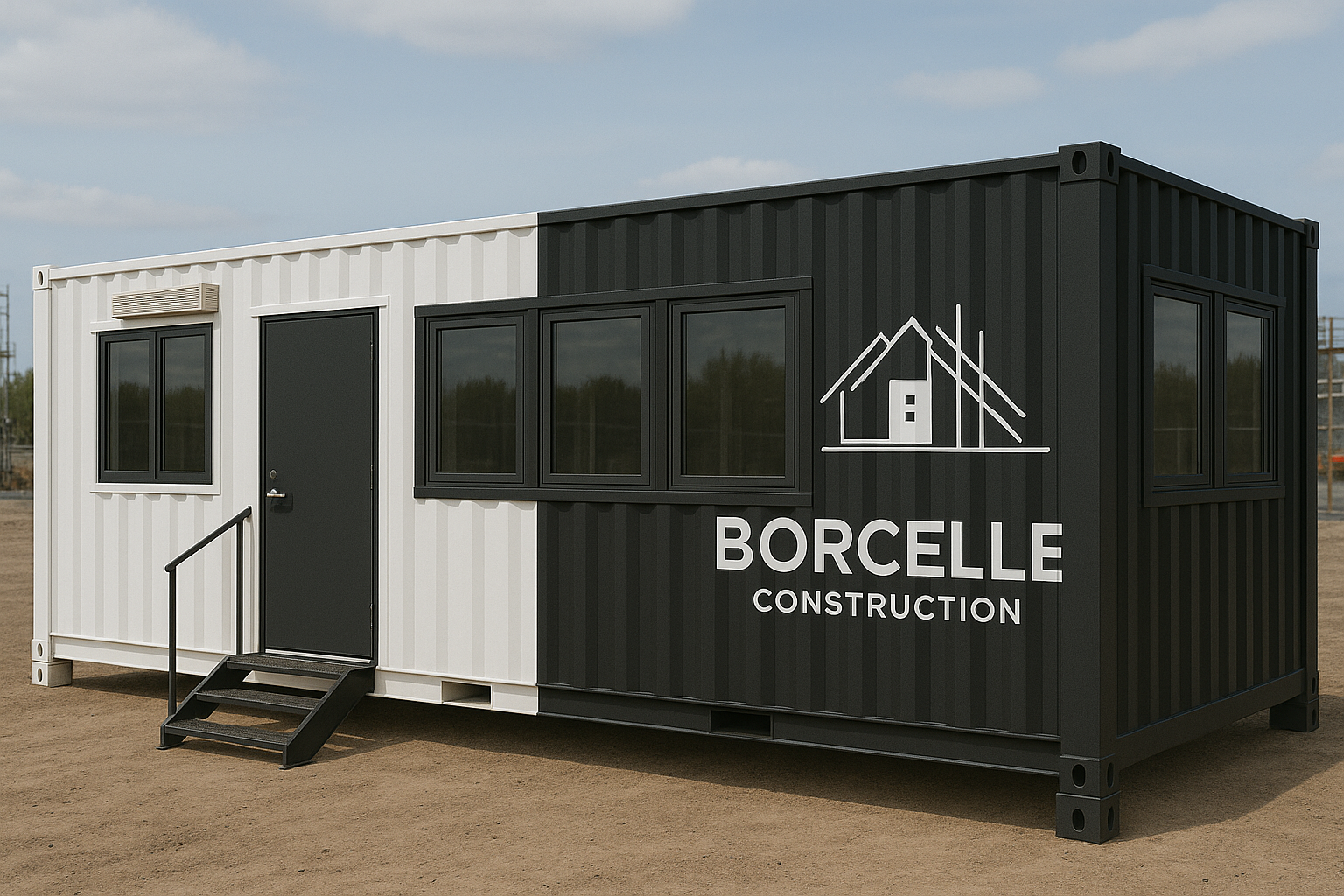 Container building with Borcelle Construction logo on a clear day