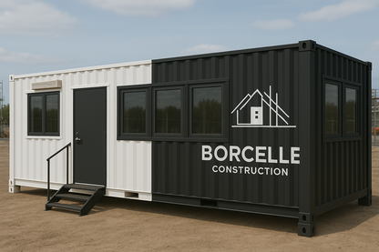 Container building with Borcelle Construction logo on a clear day