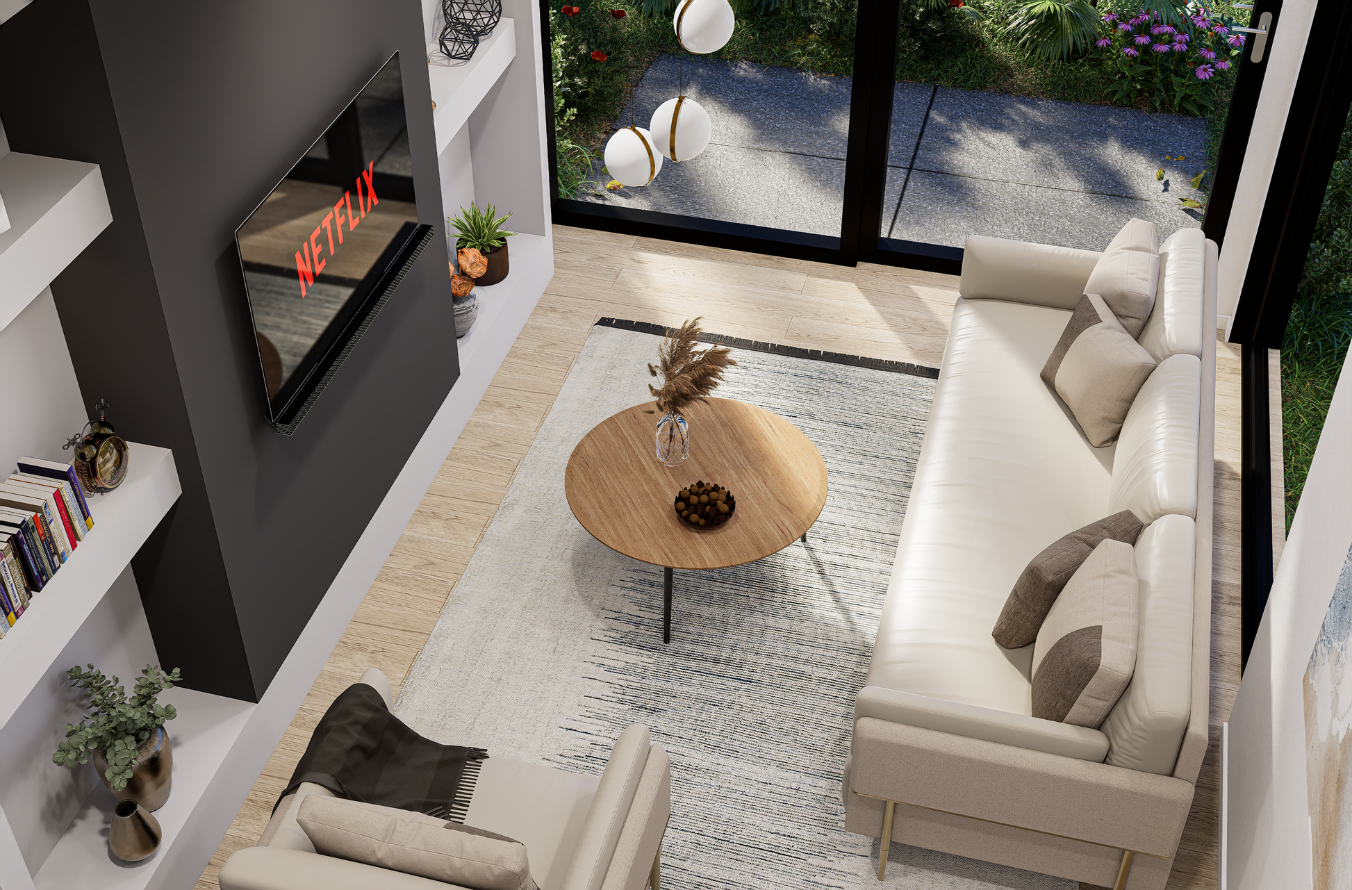 Modern living room with a sofa, coffee table, and bookshelf.
