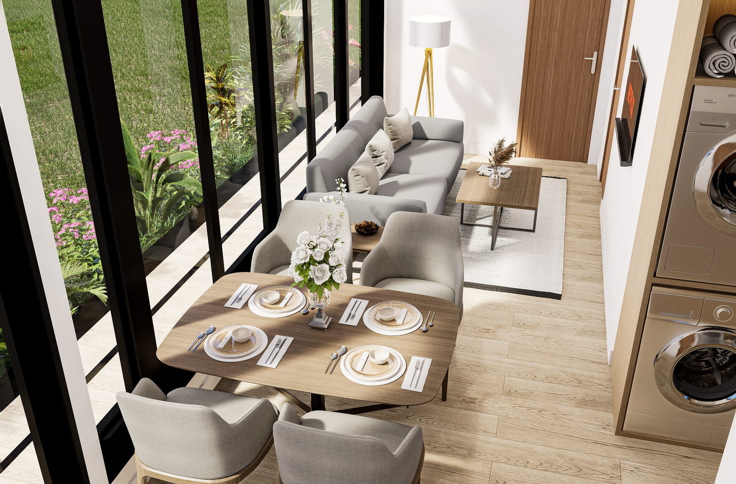 Modern living room with a dining table set for four, large windows, and outdoor view.