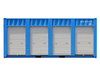 A bue shipping container storage unit with white doors on a white background