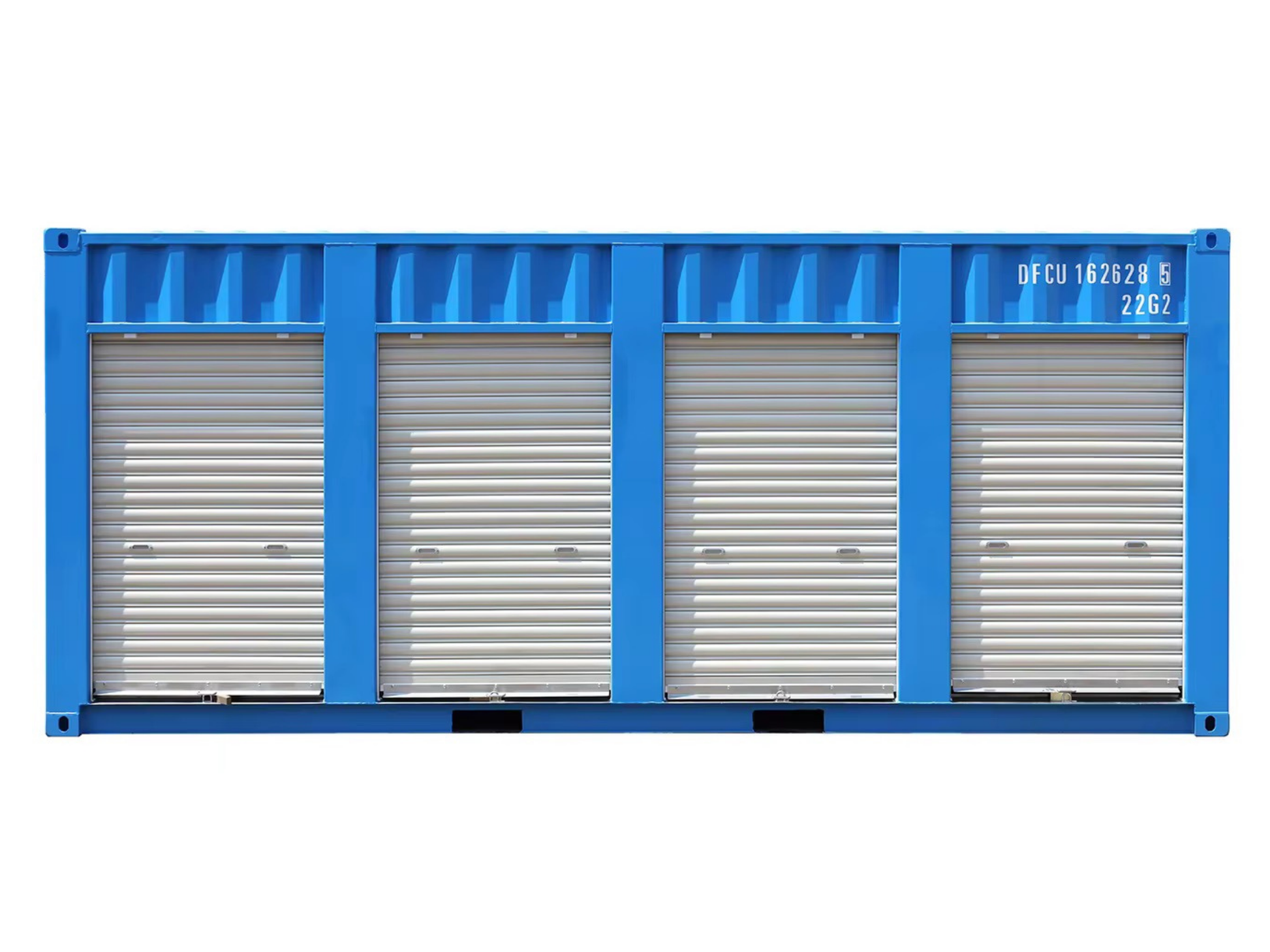 A bue shipping container storage unit with white doors on a white background
