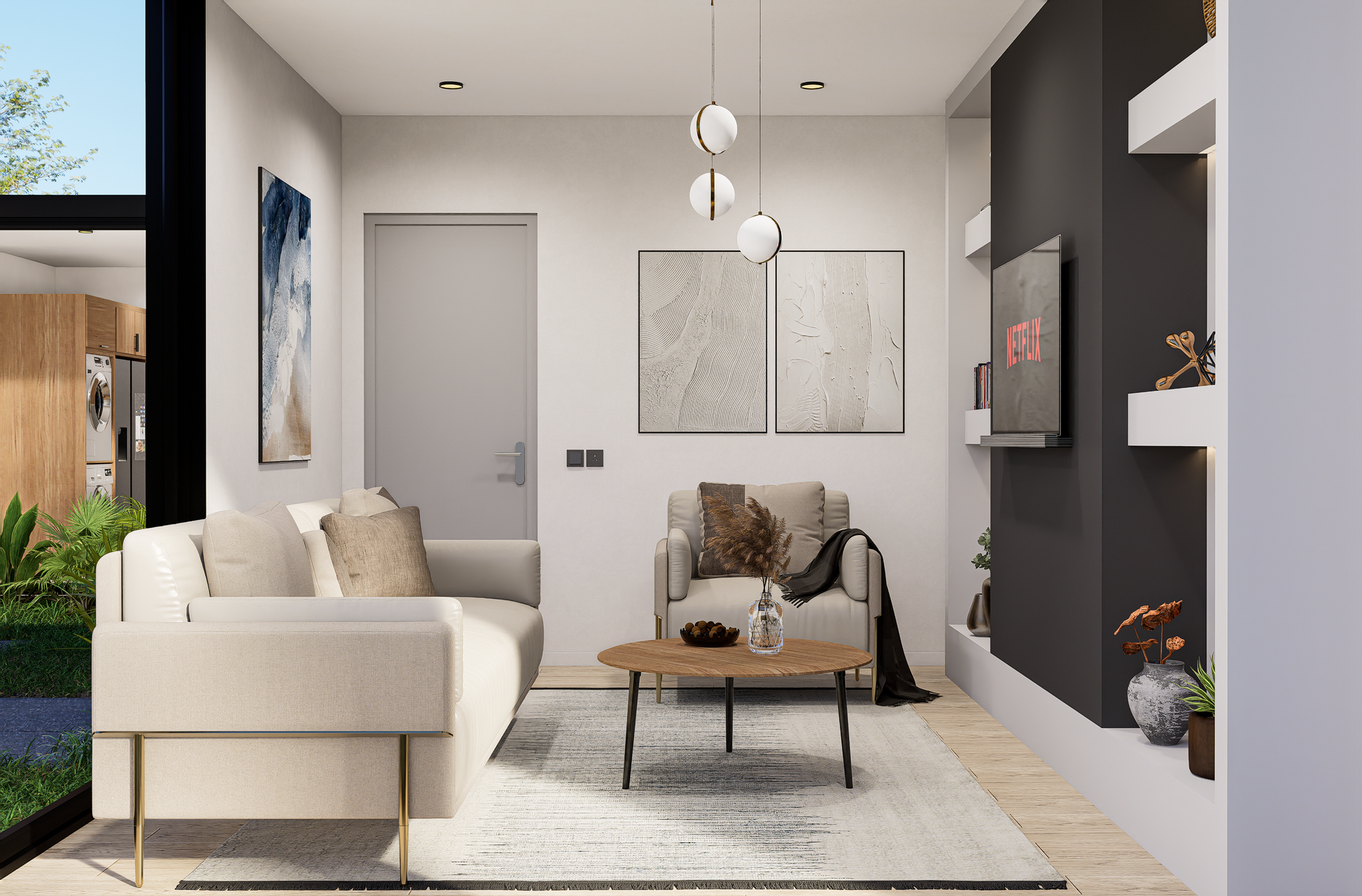 Modern living room with beige sofa, coffee table, and decorative elements.