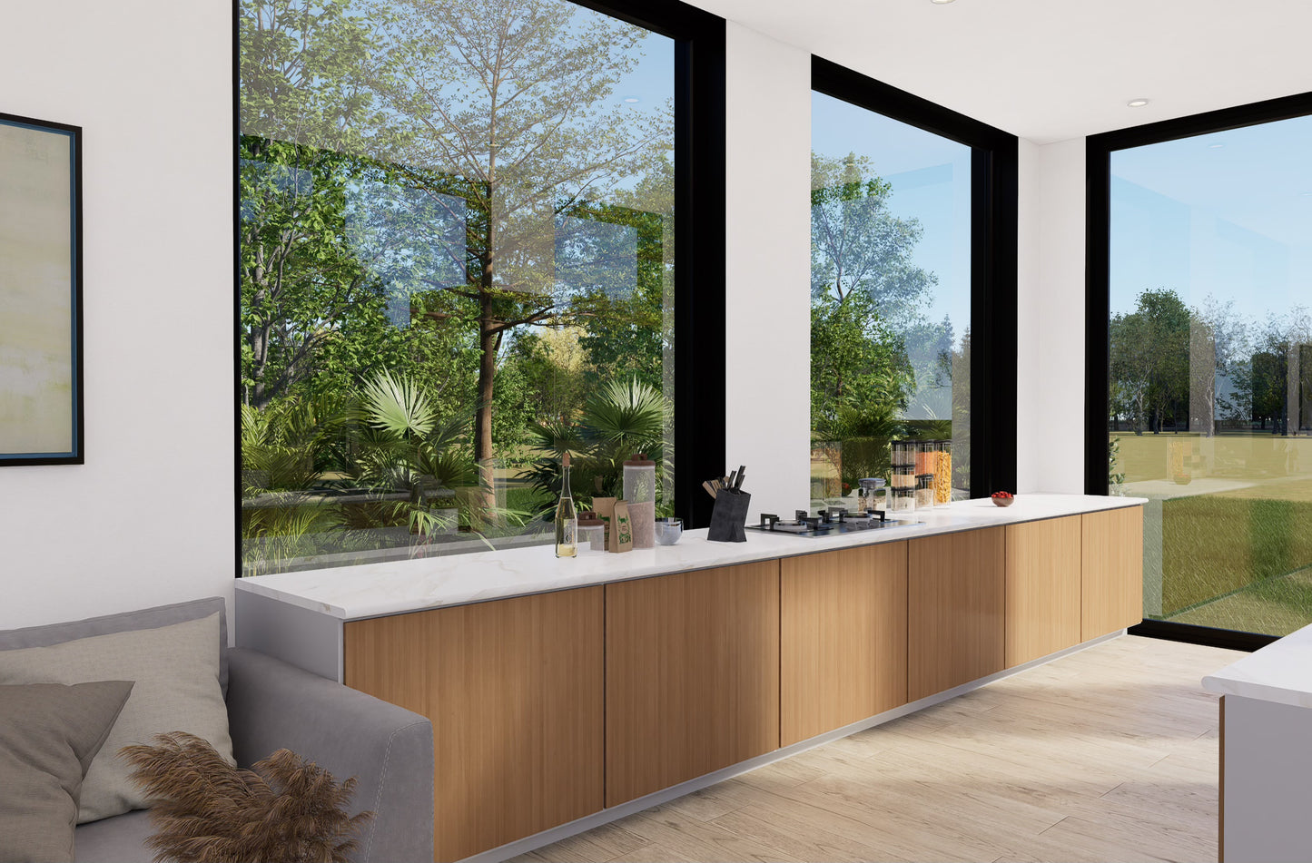 Modern kitchen with wooden cabinets and large windows overlooking a garden.