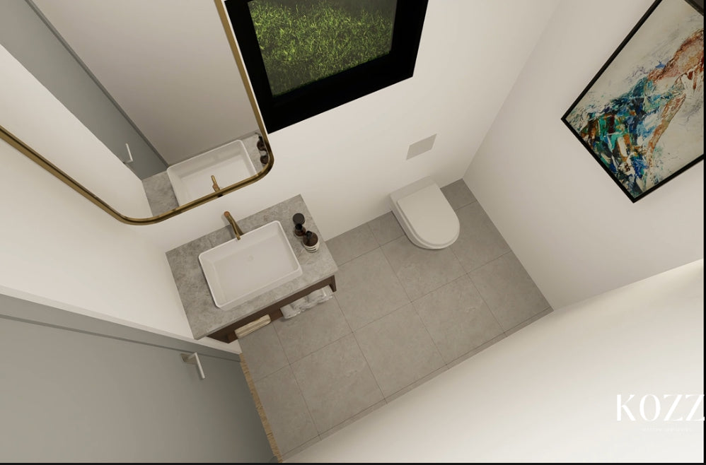 Modern bathroom interior with sink, mirror, and toilet, featuring the brand 'KOZZ'.