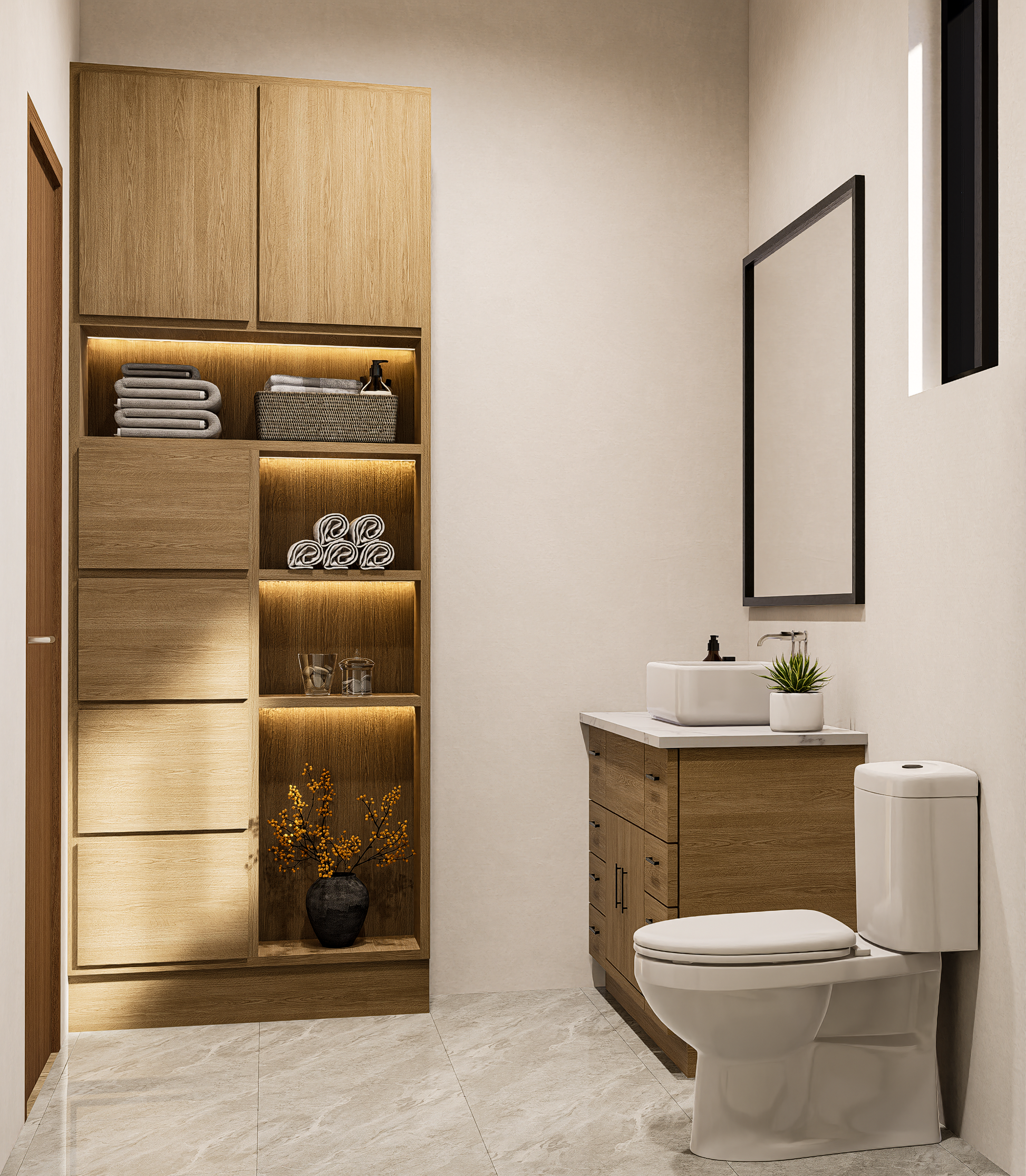 Modern bathroom with wooden storage shelves, sink, and toilet.