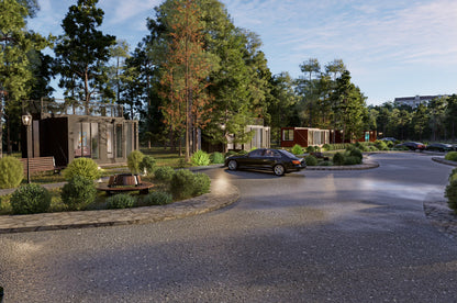 Modern container modular buildings in a park-like setting with trees and a clear sky.