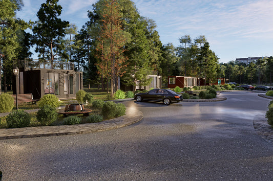 Modern container modular buildings in a park-like setting with trees and a clear sky.