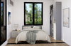 Modern bedroom with a bed, nightstand, and large window.