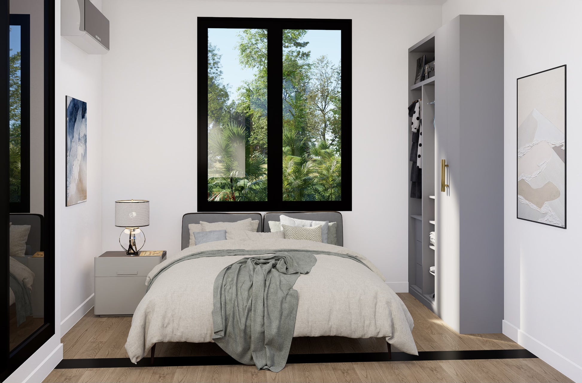Modern bedroom with a bed, nightstand, and large window.