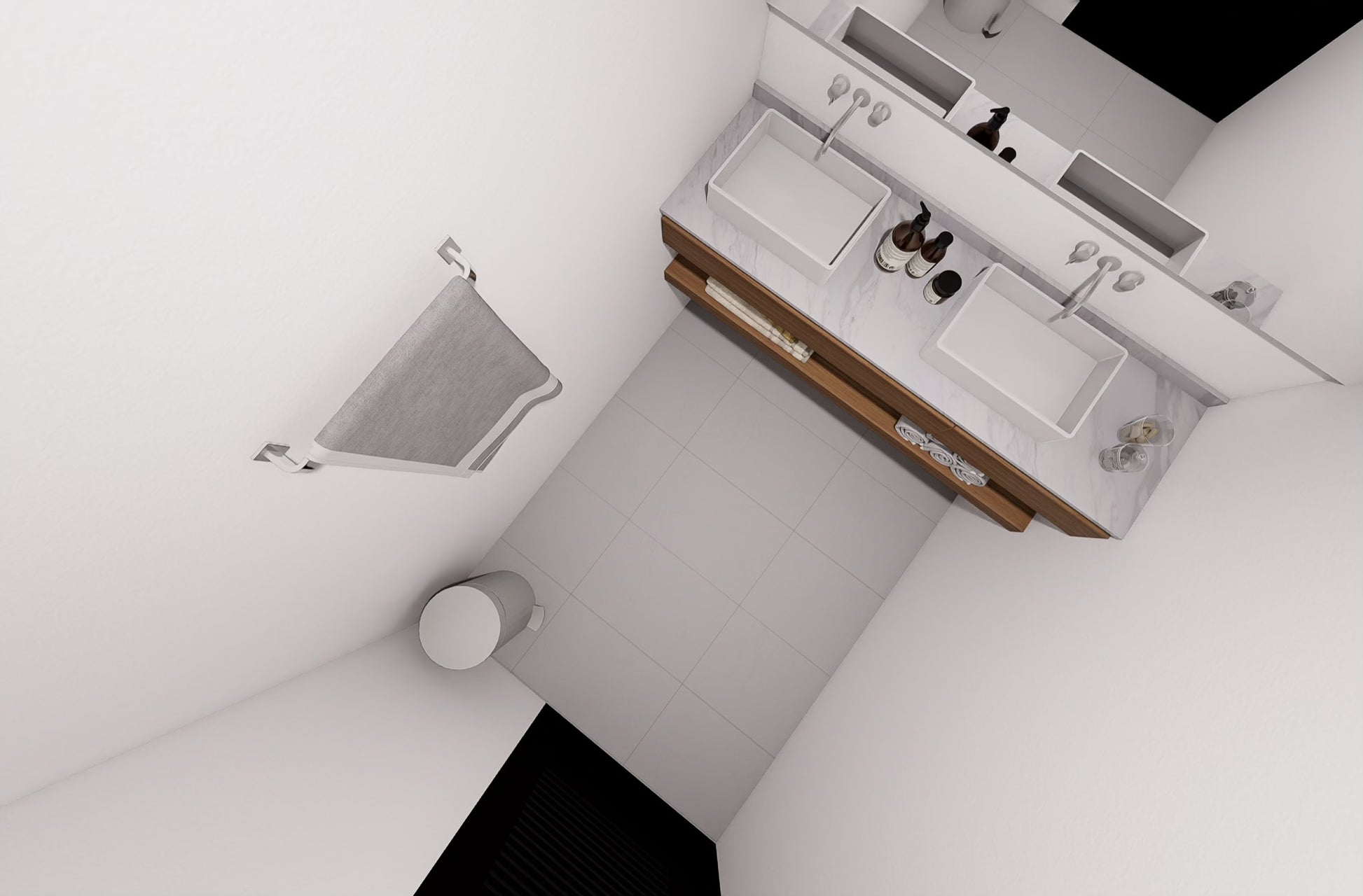 Bathroom vanity with two sinks and a mirror above it.