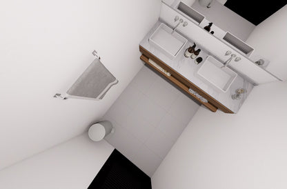 Bathroom vanity with two sinks and a mirror above it.