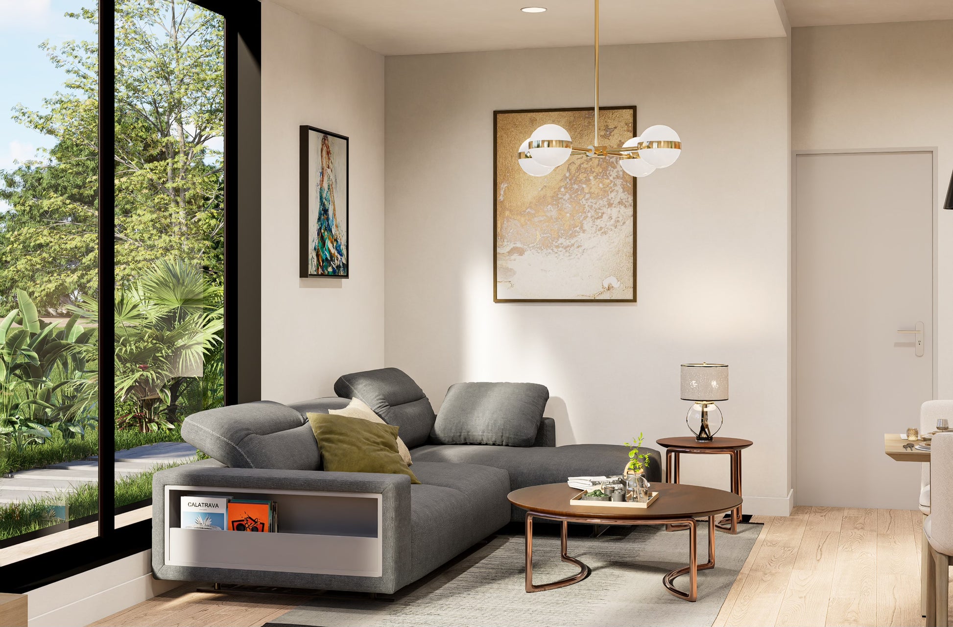 Modern living room with a gray sectional sofa, coffee table, and decorative items.