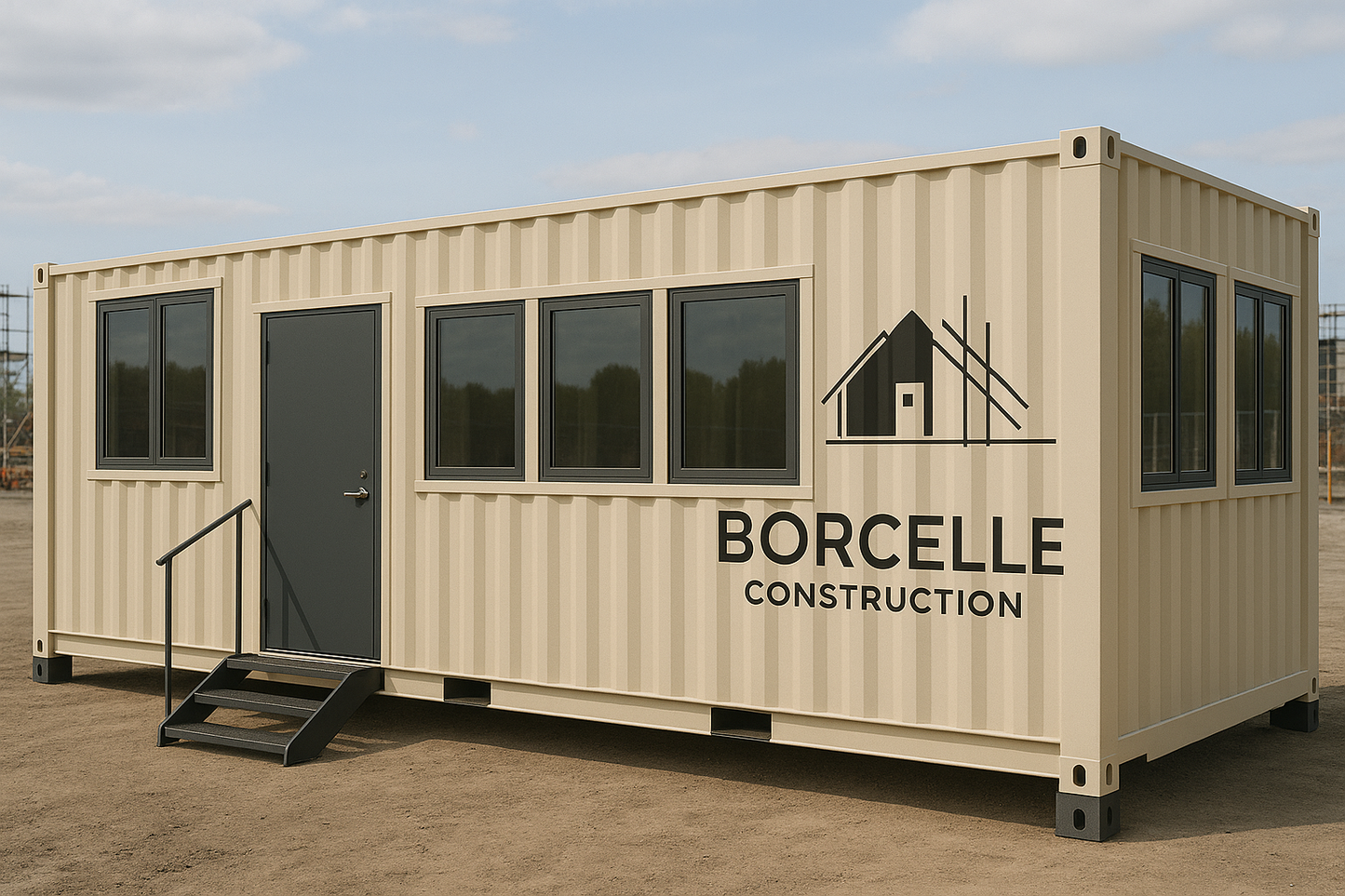 Container building with Borcelle Construction logo on a clear day