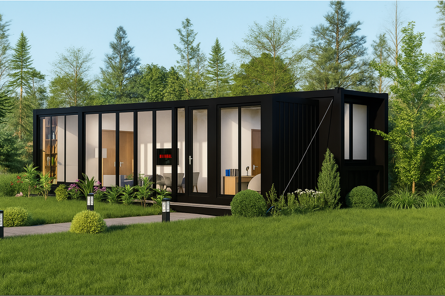 Modern black modular house in a green, forested area