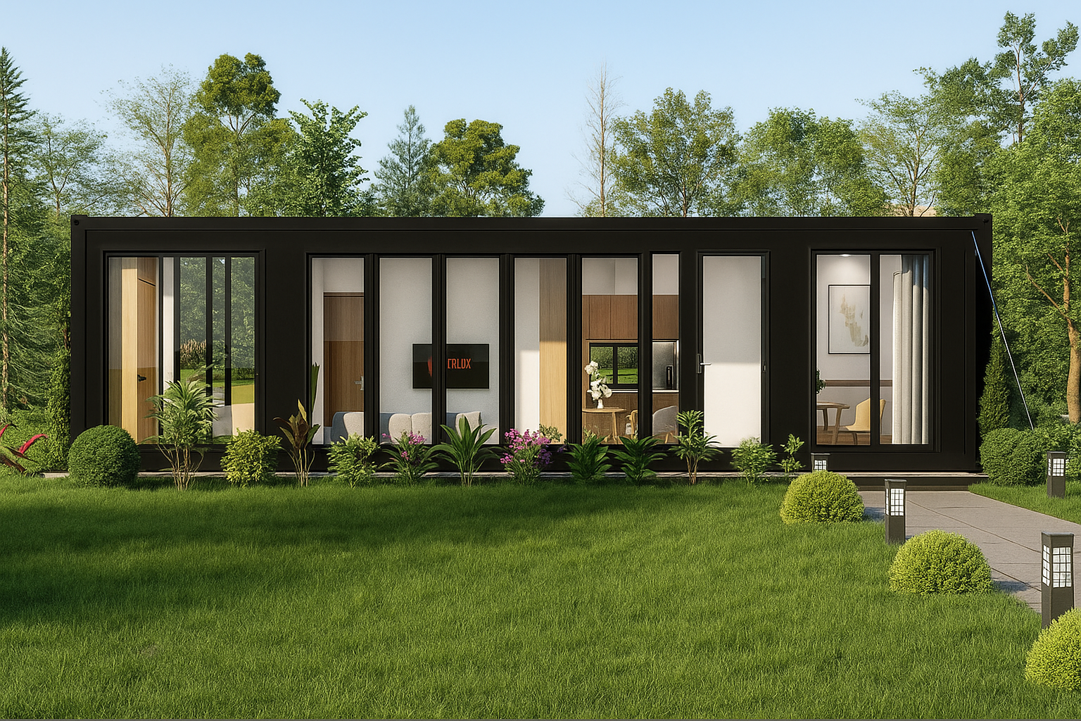 Modern modular home with greenery and clear sky