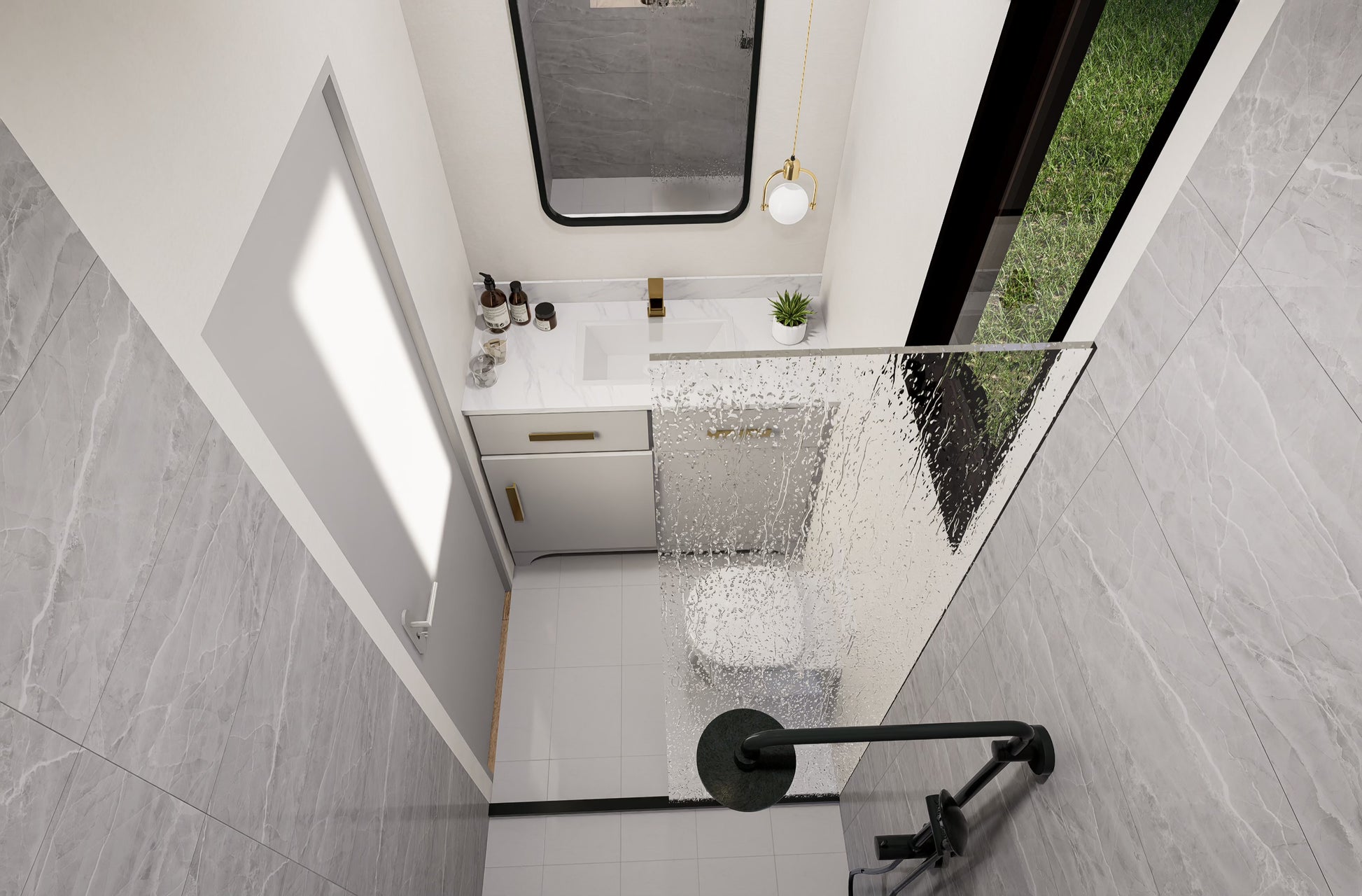 Modern bathroom interior with glass shower enclosure and white tiles