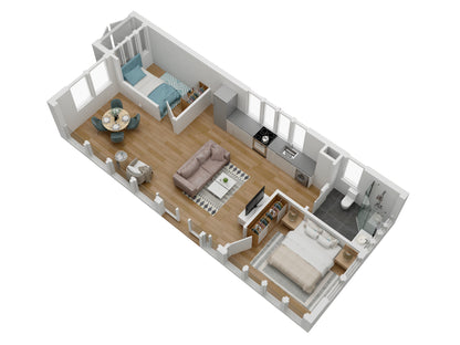 A 3D rendering of container home interior layout with furniture