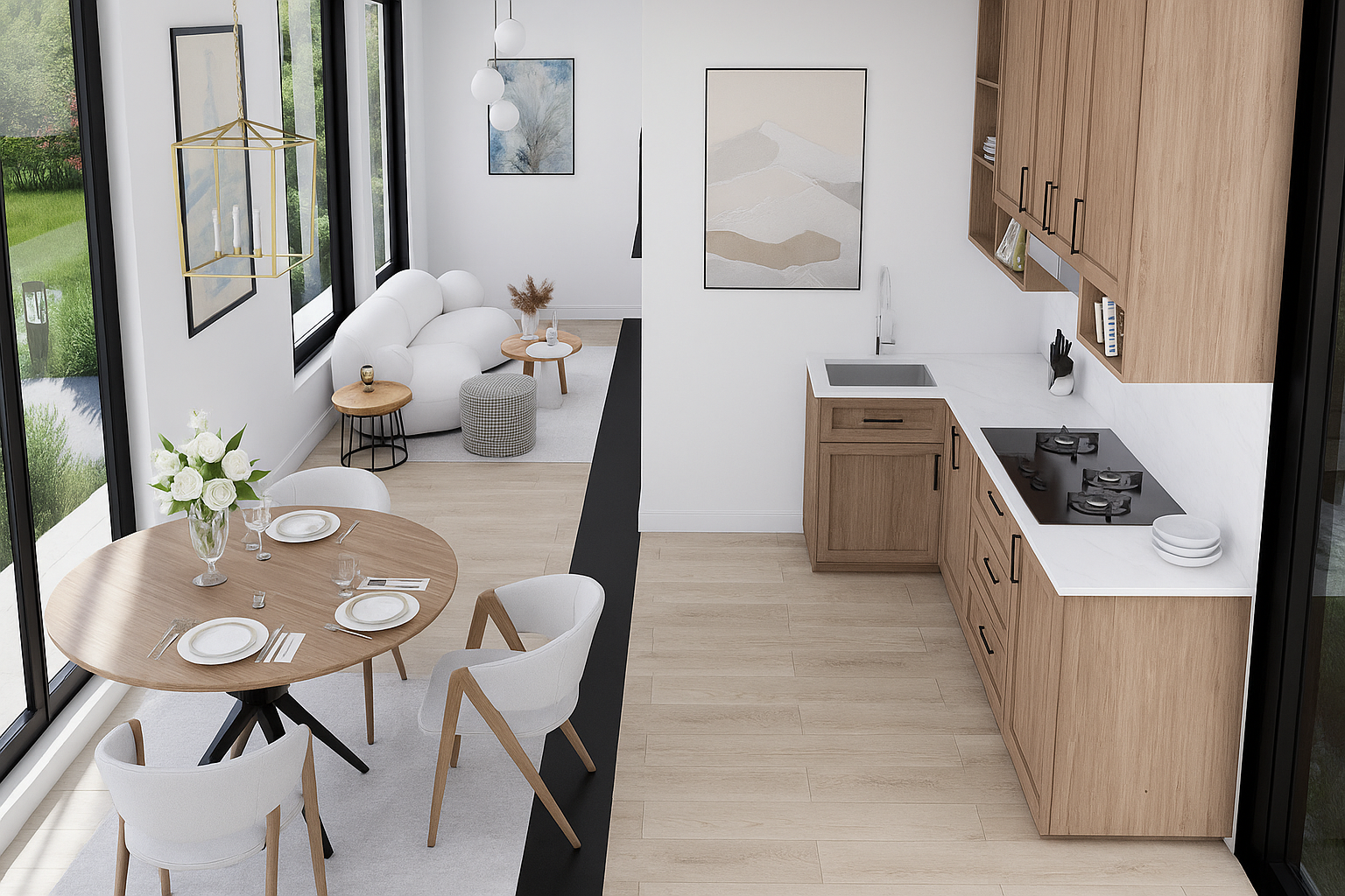 Modern kitchen and dining area with wooden furniture and white decor.