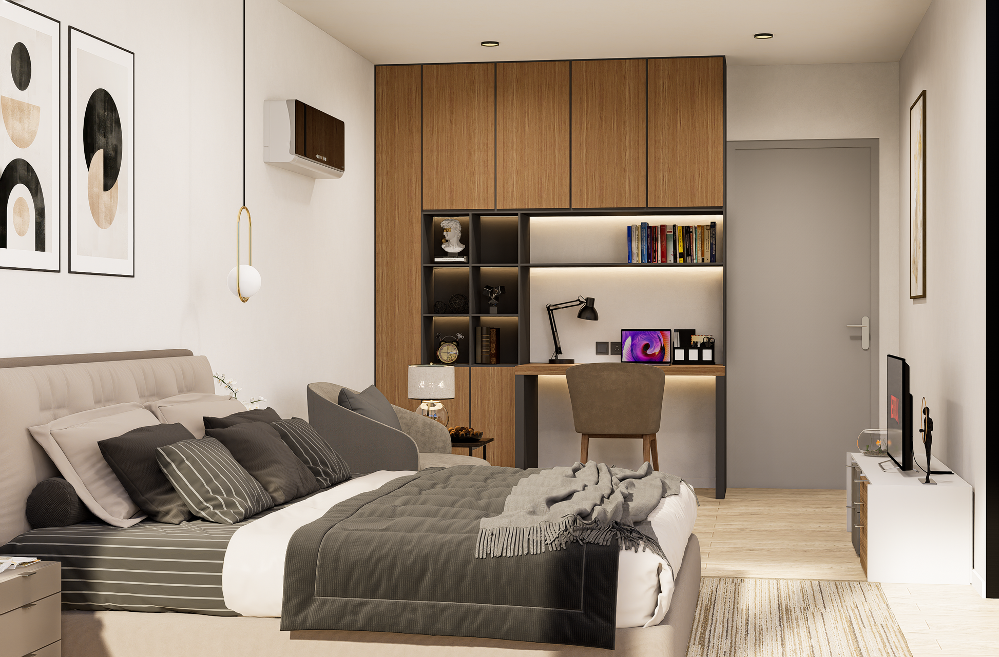 Modern bedroom with a bed, shelves, and a desk.