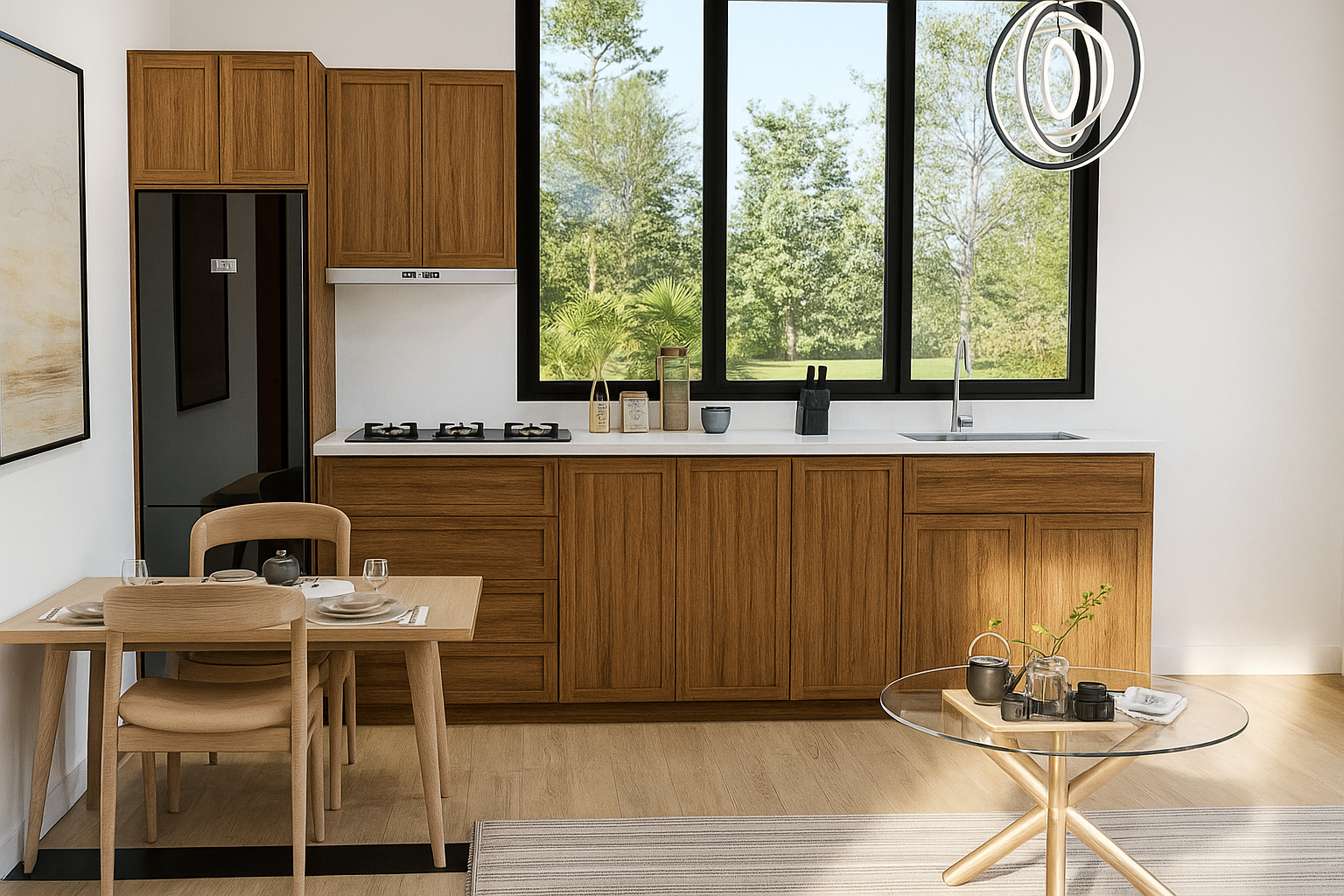Modern kitchen with wooden cabinets, black appliances, and a dining area.