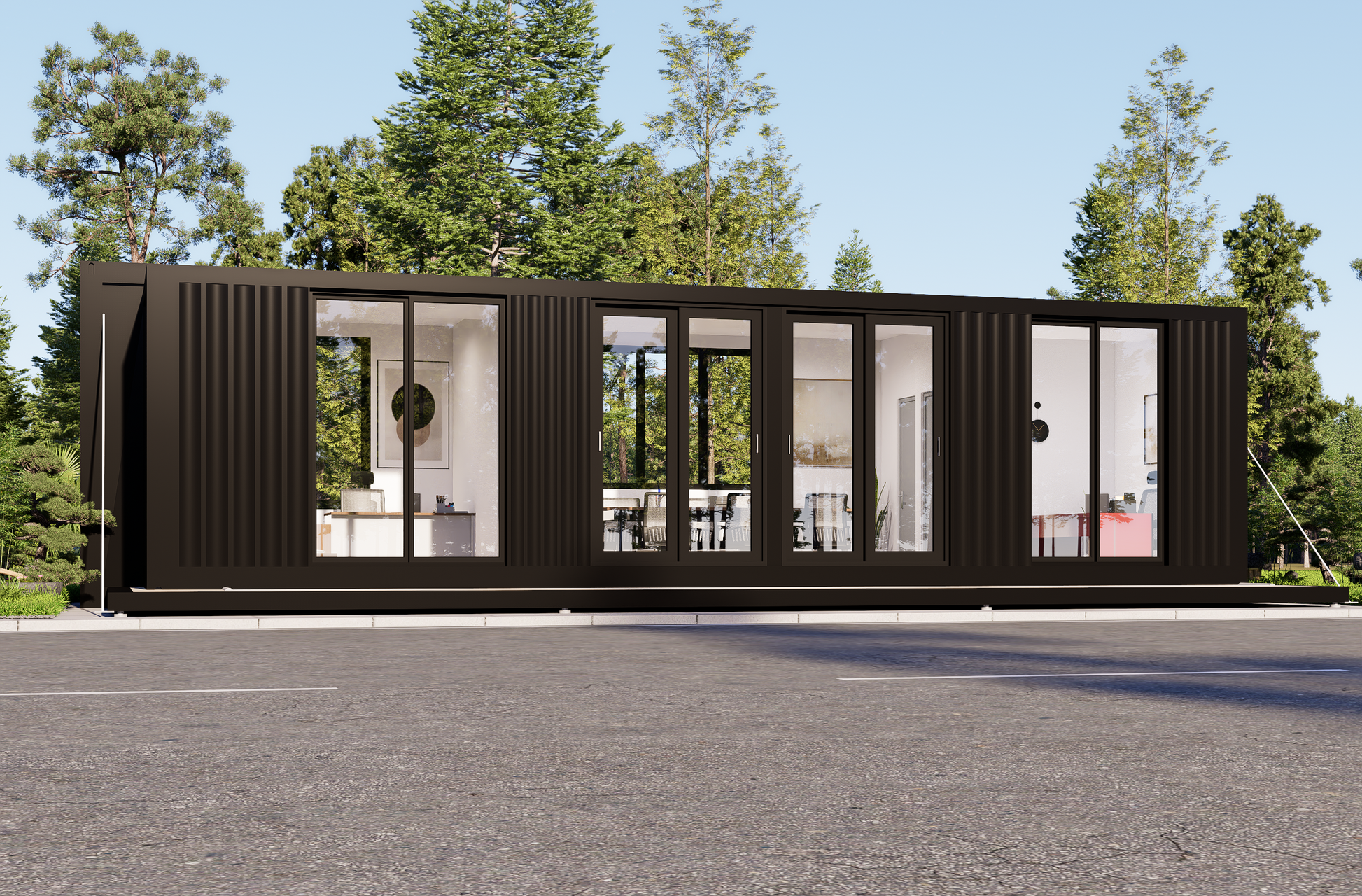 Modern container house with large glass windows in a forested area