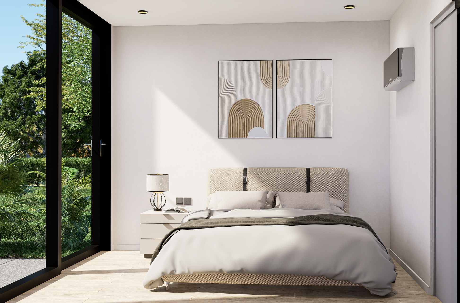 Modern bedroom with a bed, nightstands, and wall art.