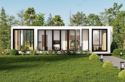 Modern container house with glass windows in a green, tree-lined area