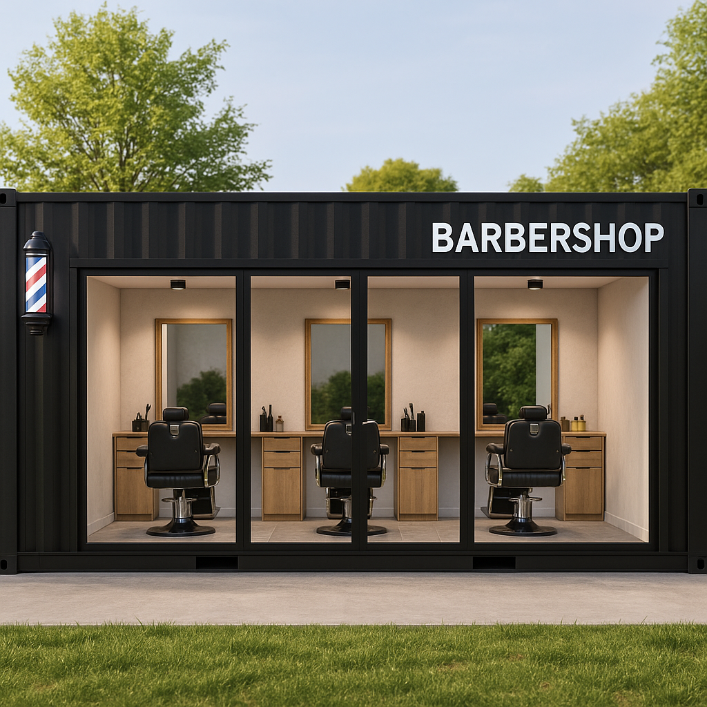 Barbershop inside a black shipping container with mirrors and chairs.