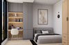 Modern bedroom with gray bed, wooden wardrobe, and built-in shelves.