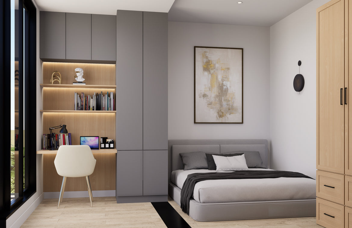 Modern bedroom with gray bed, wooden wardrobe, and built-in shelves.