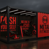 Fitness container with gym equipment and motivational text on a dark background
