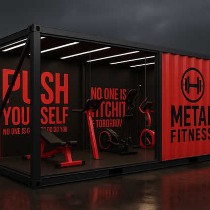 Fitness container with gym equipment and motivational text on a dark background
