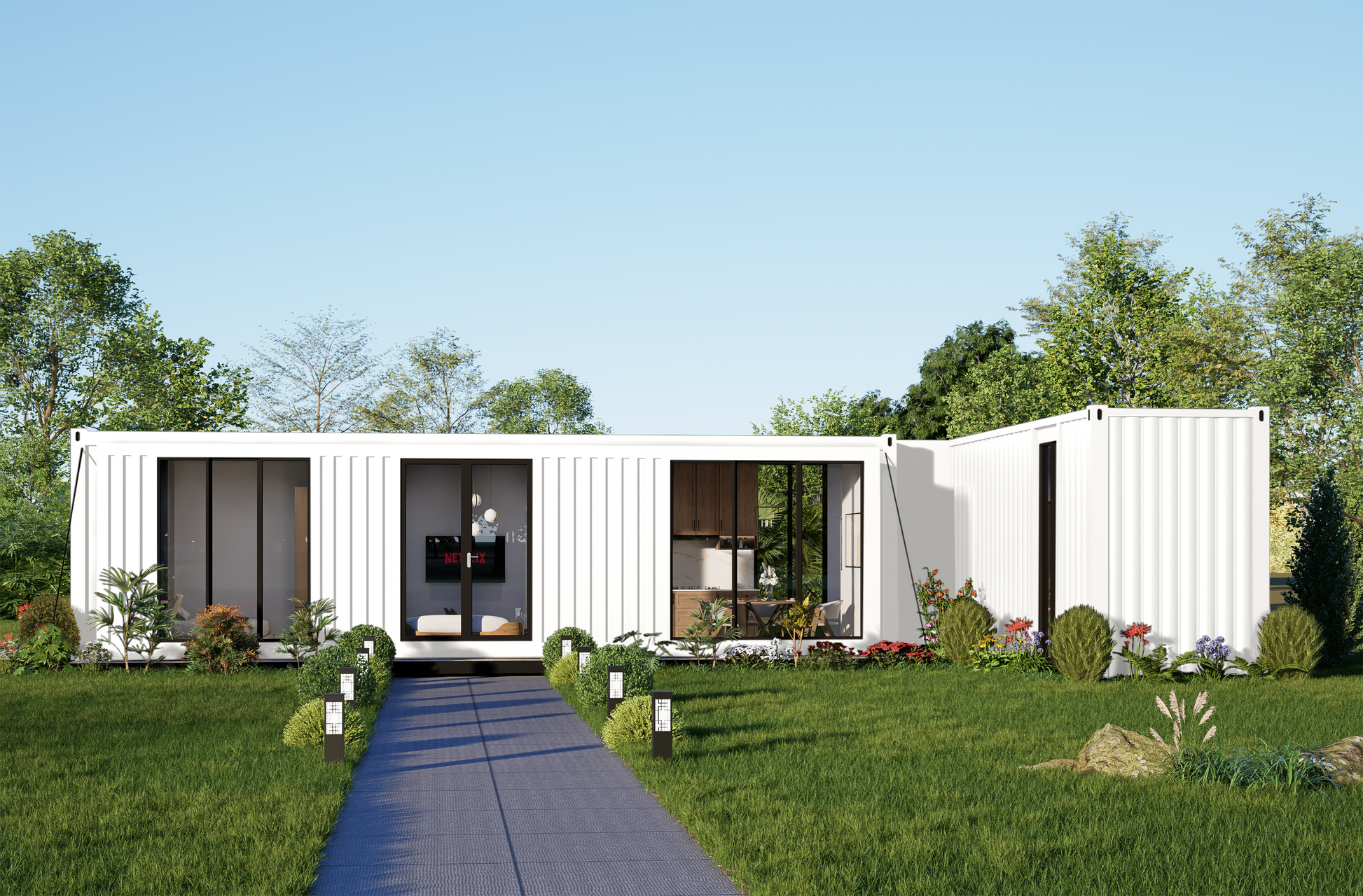 Modern house made from shipping containers with a garden and trees in the background